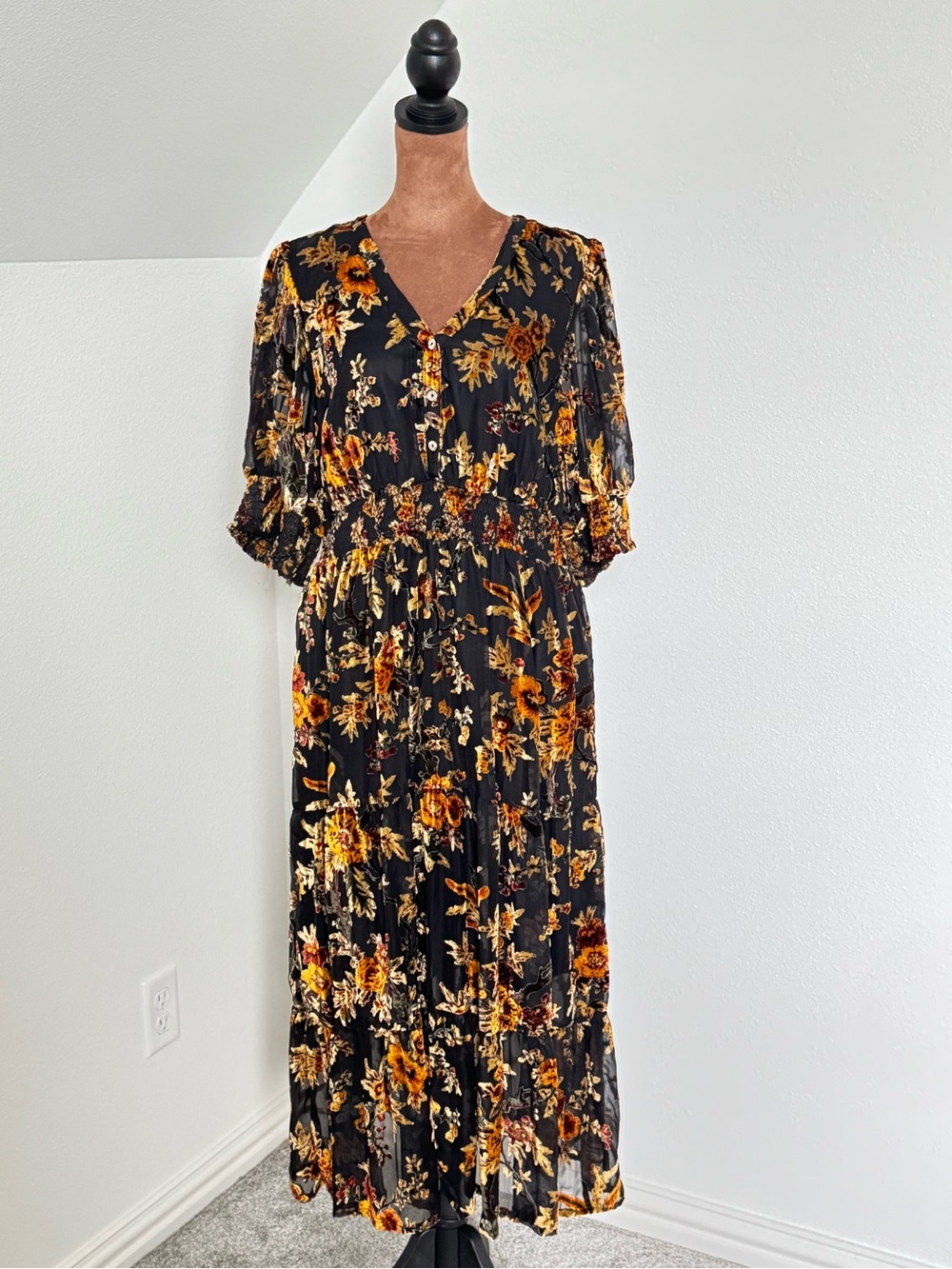 Black Floral Maxi Dress with Golden Yellow Blooms